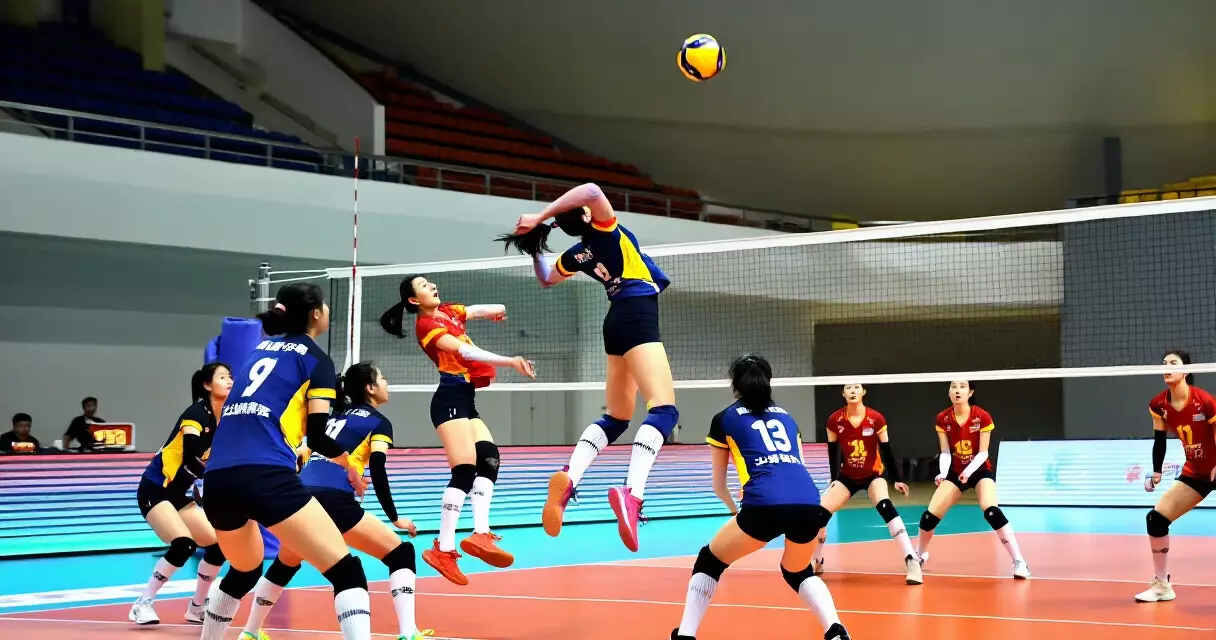Volleyball players in a game, one player spiking while teammates protect