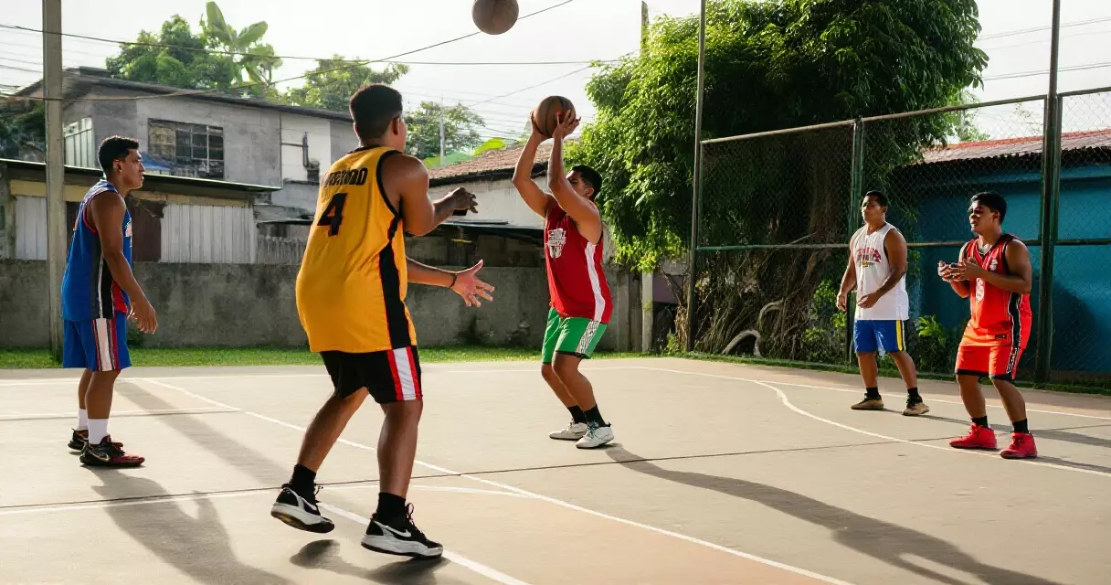 Basketball players practicing passing drills outside the court in the Philippines