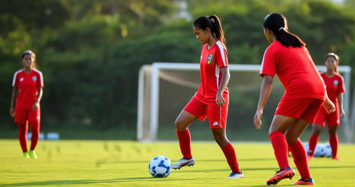 Young Filipino football players in training, drilling ball control in the natural afternoon light