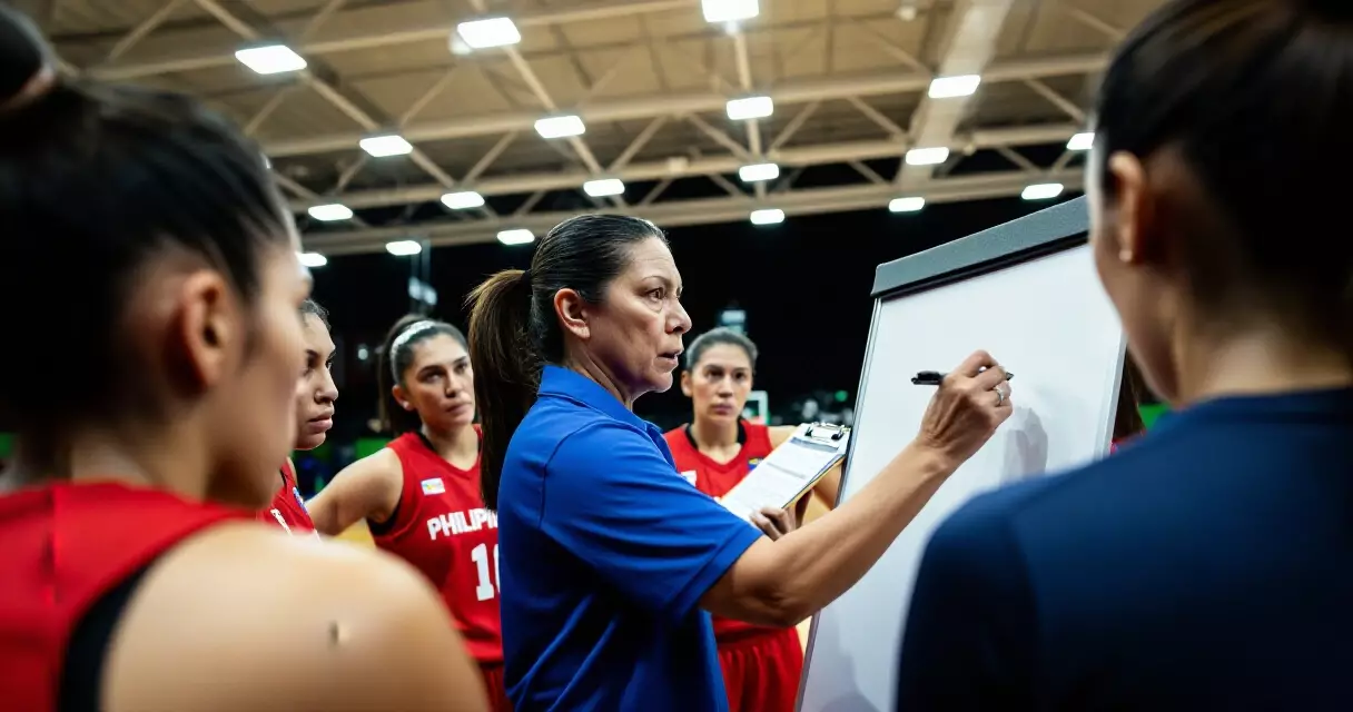 Coach ng Gilas Pilipinas Women nagbibigay ng taktika sa kanyang mga manlalaro
