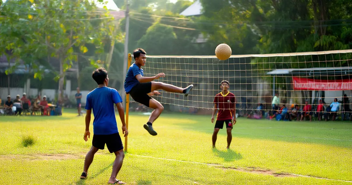 Mga manlalaro ng sepak takraw na gumaganap ng mataas na sipa sa opisyal na korte