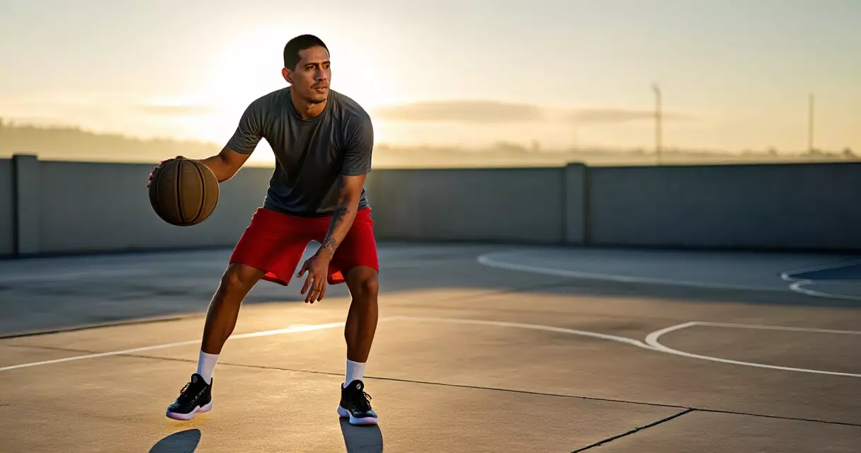Ordinaryong tao na nagsasanay ng basketball dribbling drills sa labas ng court sa umaga