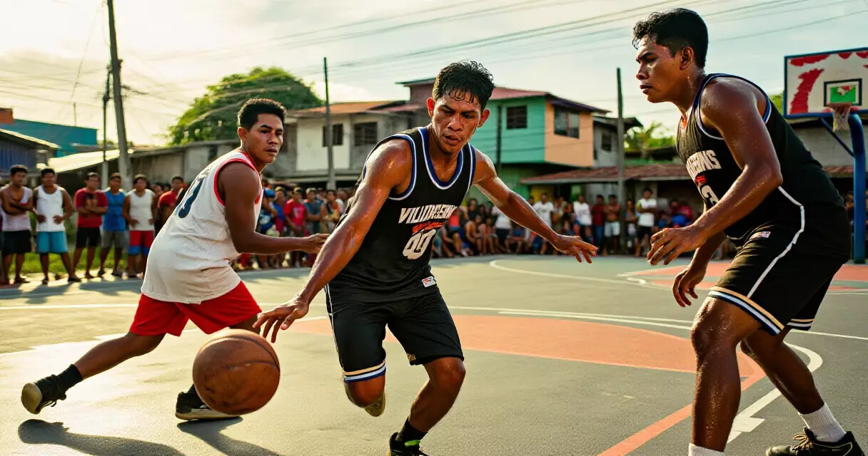 Dalawang manlalaro ng basketball sa isang outdoor court sa Pilipinas