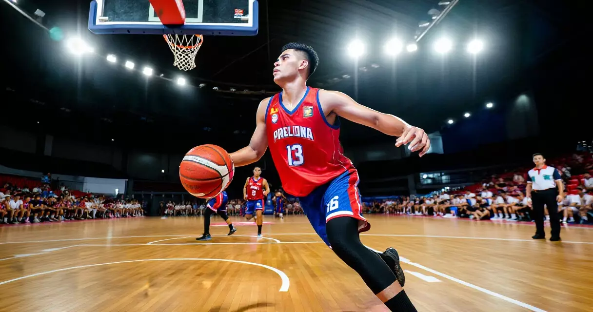Manlalaro ng basketball na sumusubok sa basket sa loob ng arena