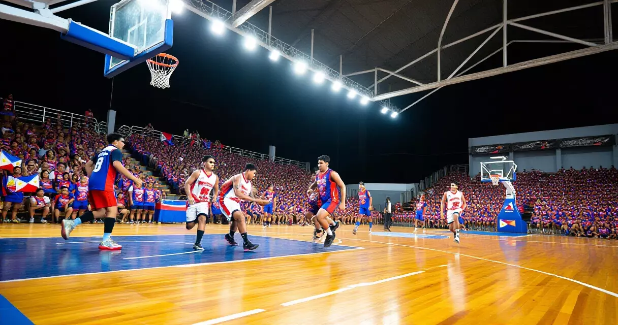 Mga tagahangang Pilipino nanonood ng basketball sa isang malaking arena