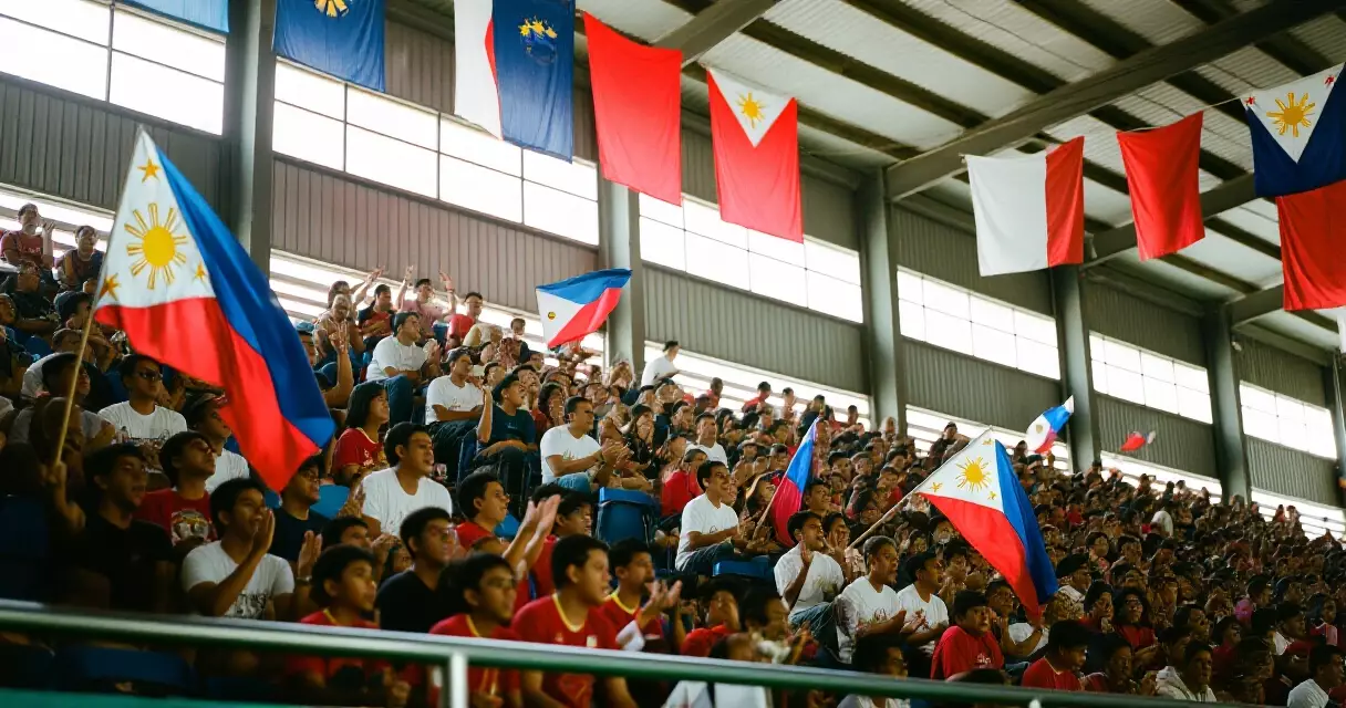 Filipino sports fans watching a live game in a large indoor arena in the Philippines