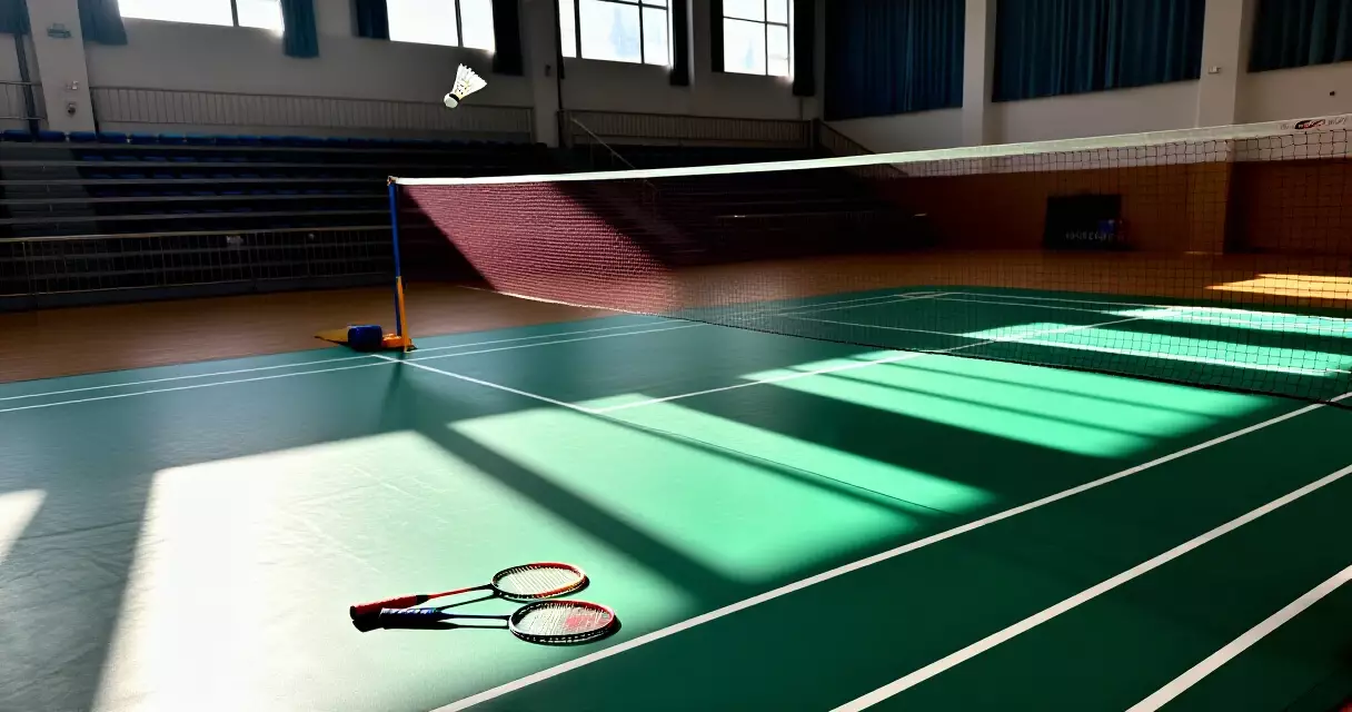 Badminton court na may shuttlecock sa ere, larawan ng palakasan