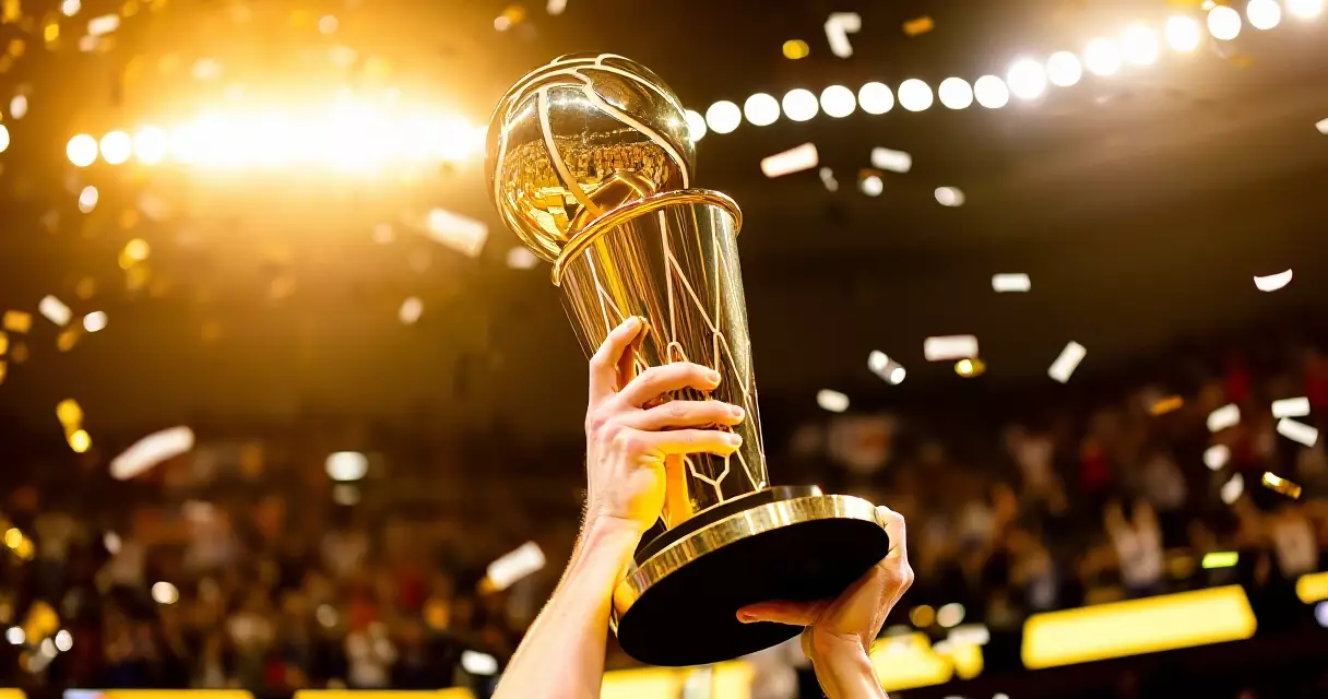 Trophy raised at the center of the arena after the PBA finals
