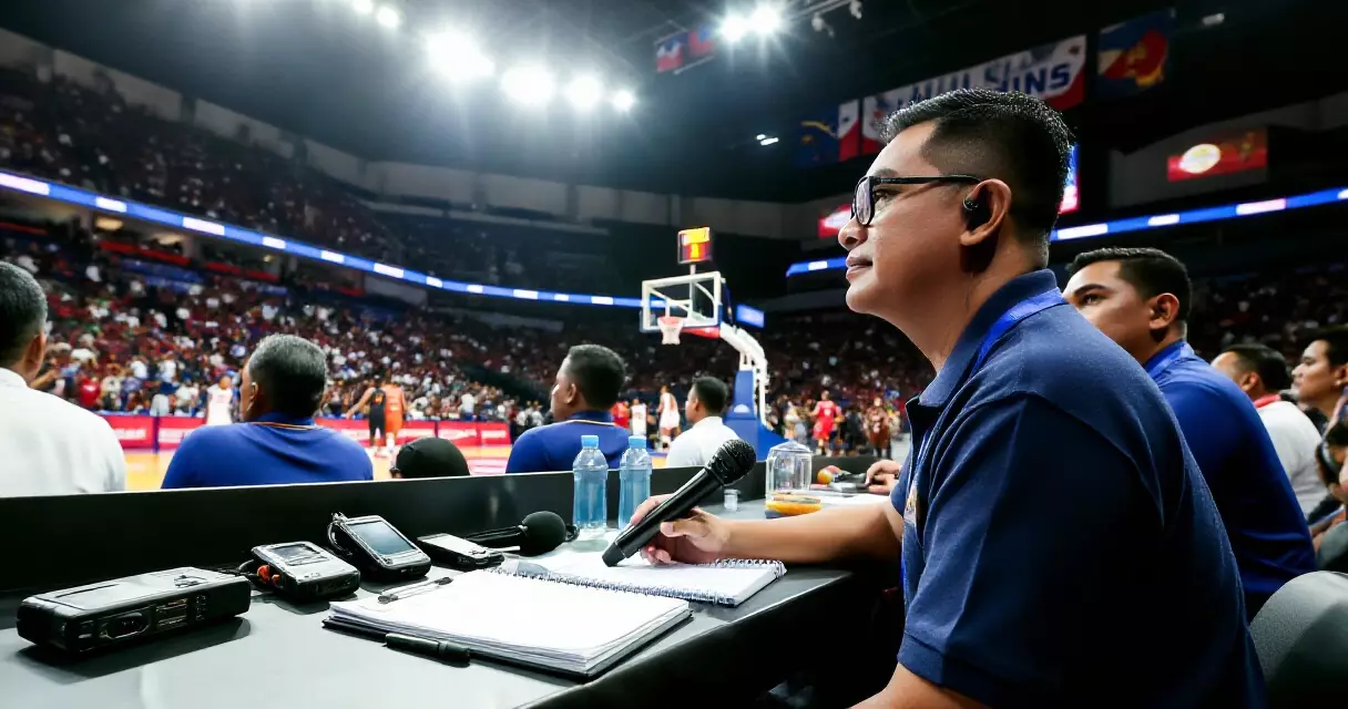 Sports journalists reporting sports news in a large arena in the Philippines