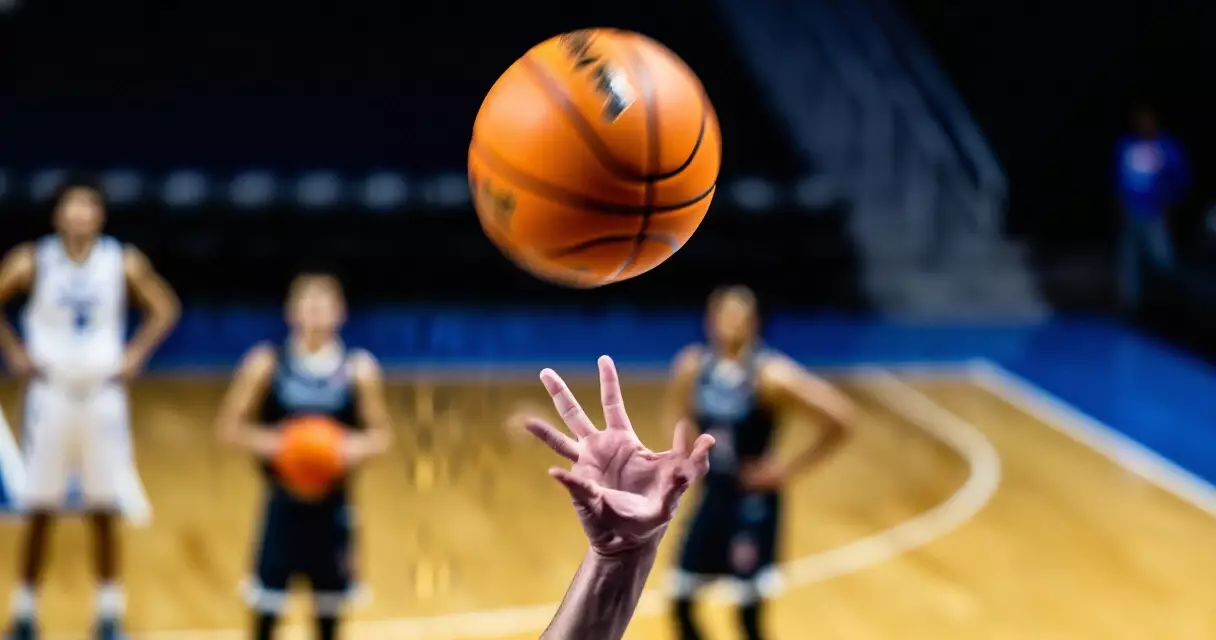 Basketball in mid jump ball at an indoor arena