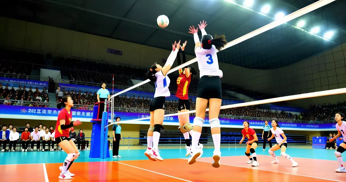 Mga manlalaro ng women's volleyball na nakikipaglaro sa loob ng malaking arena na puno ng manonood