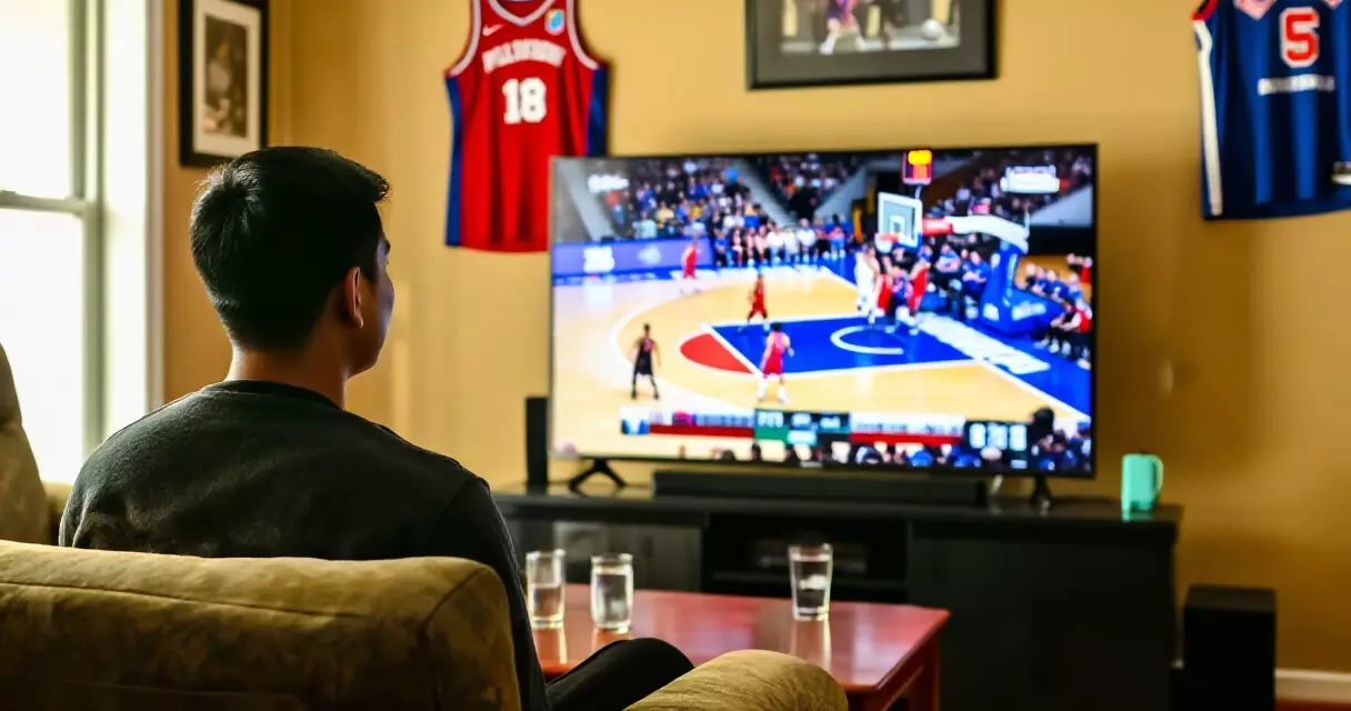 Pilipinong sports fan nanonood ng basketball sa malaking TV sa bahay