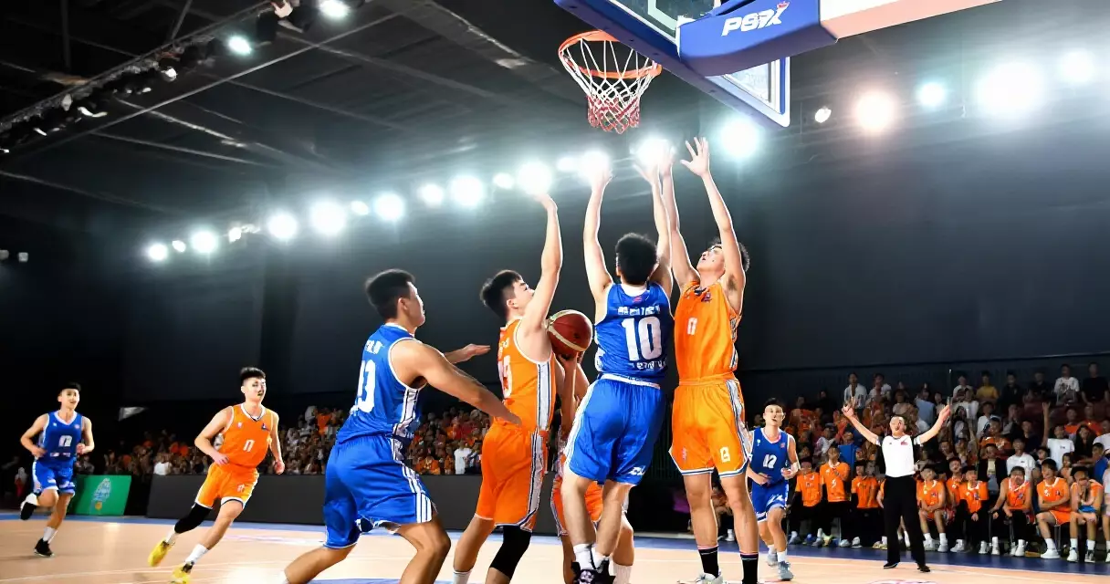 Mga manlalaro ng basketball sa gitna ng laro sa isang indoor court na may makulay na uniporme