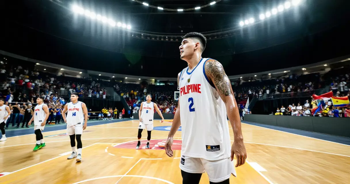 Philippine players training inside a large indoor arena before a FIBA game