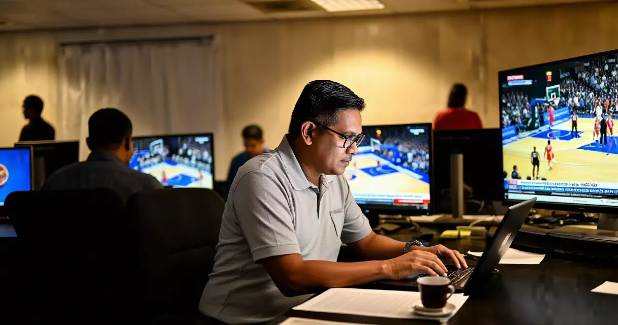 Manunulat ng balitang isports sa newsroom habang sinusubaybayan ang mga resulta ng laro