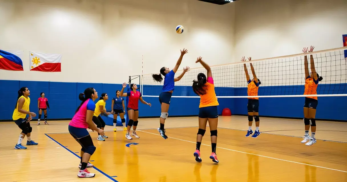Filipino female volleyball players training inside a gymnasium