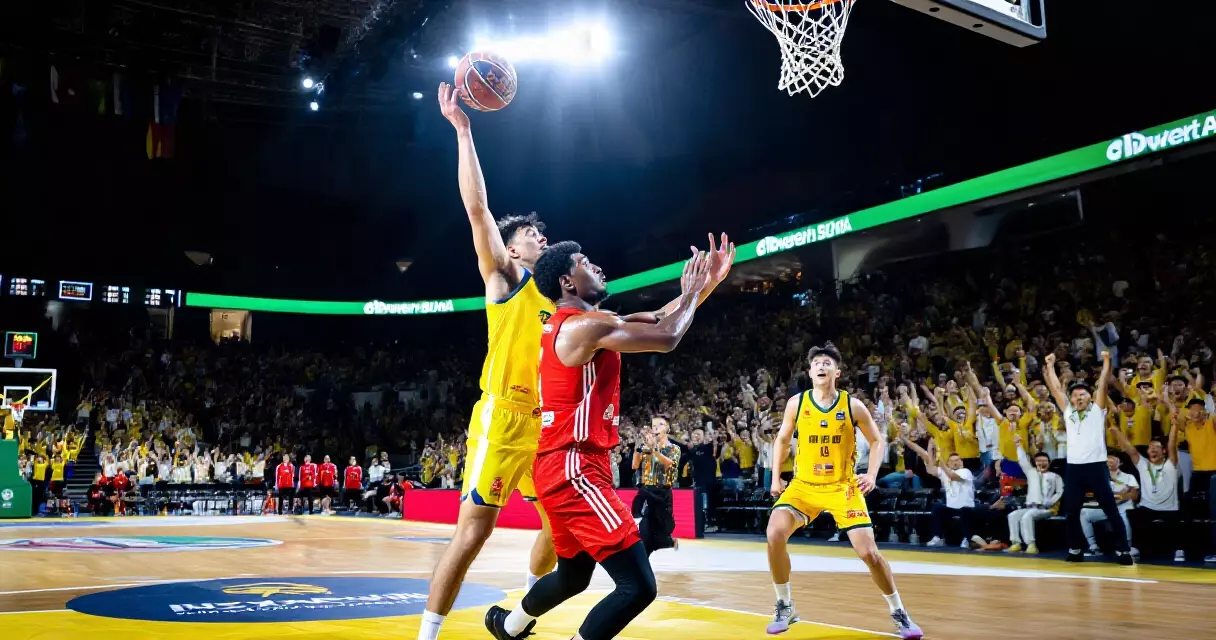 Dalawang manlalaro ng basketball na naglalaban para sa rebound sa loob ng isang masiglang arena