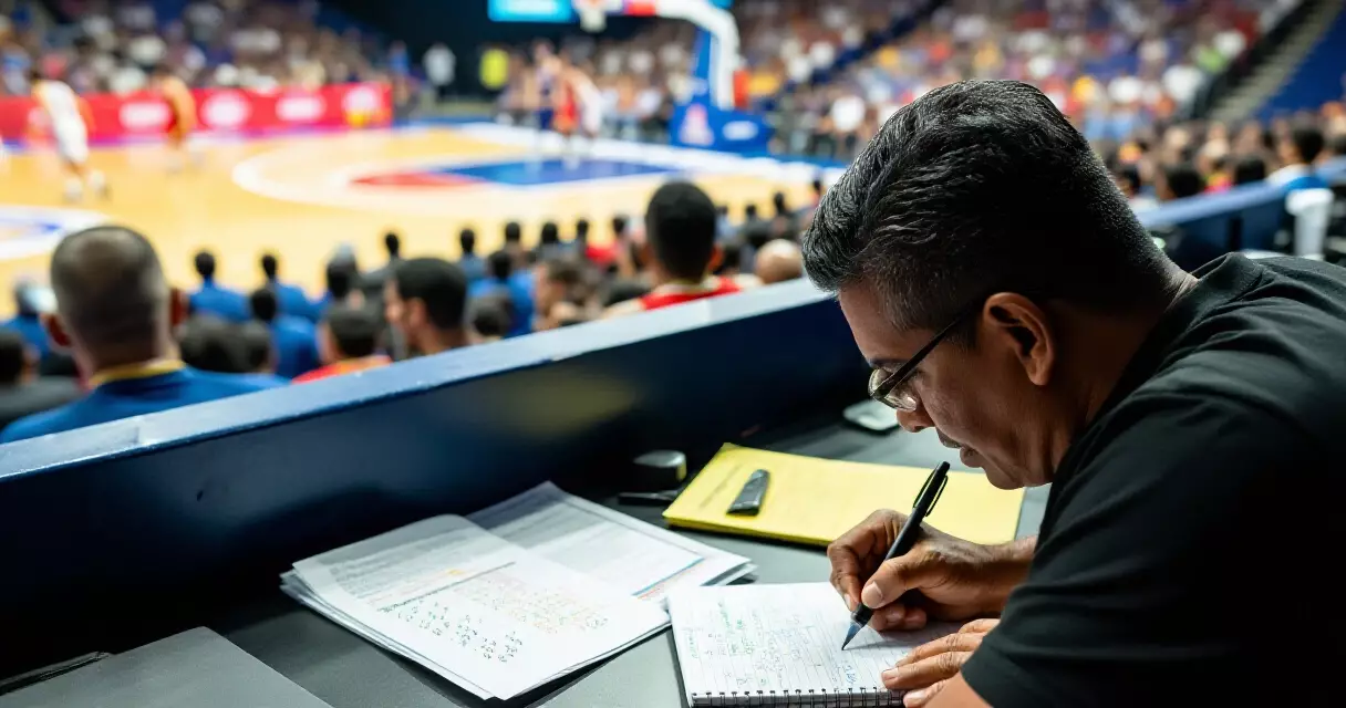 Filipino sports journalist writing sports news in the press box of a basketball arena