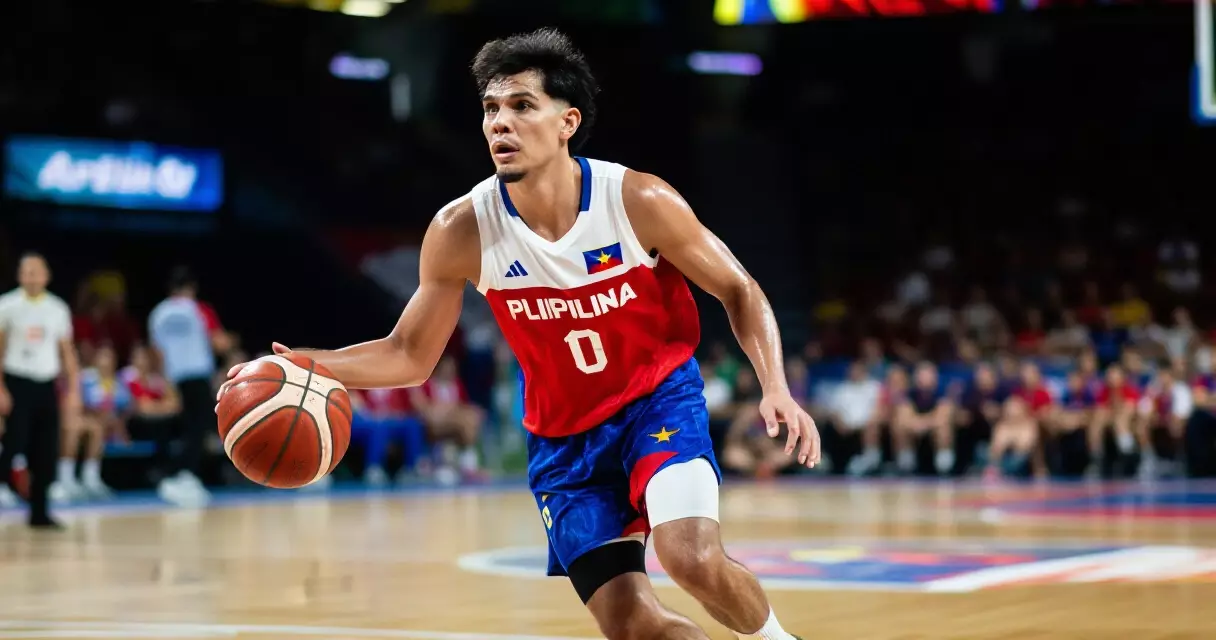 Pilipinong basketball player sa loob ng indoor arena, nagdadribble ng bola