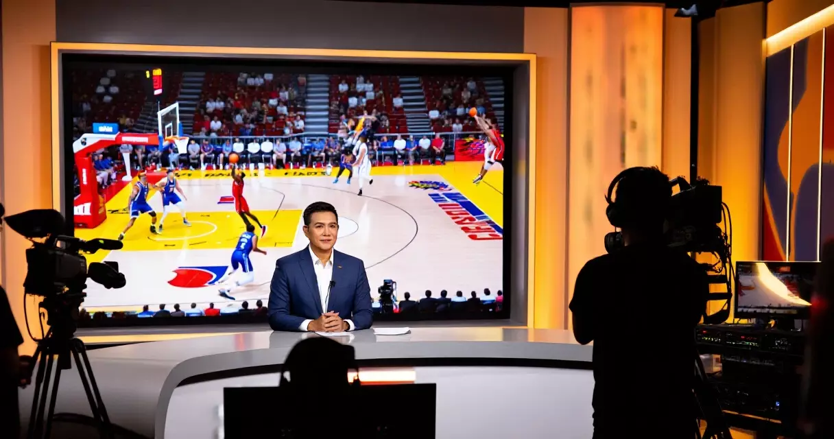 Filipino sports broadcaster sa live basketball coverage studio ng One Sports Philippines