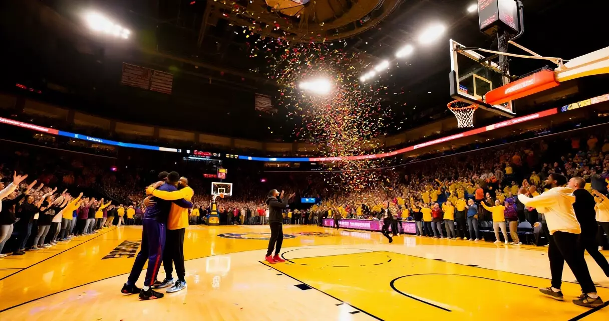 Joyful celebration of players and fans inside the basketball arena after the championship game