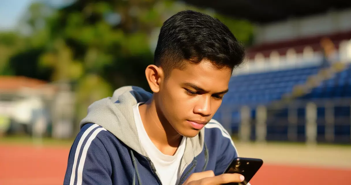Filipino sports fan reading sports news on smartphone outdoors