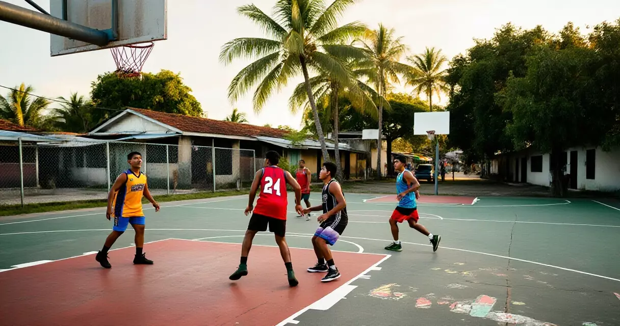 Filipino players on a barangay basketball court, representing Filipino basketball culture