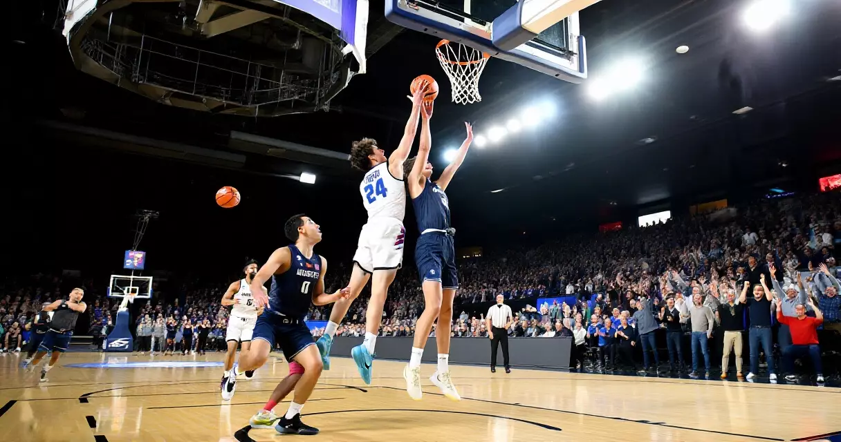 Intense collegiate basketball match inside a large arena full of spectators
