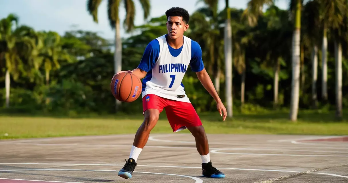 Batang Pilipinong manlalaro ng basketball sa labas na korte habang nagsasanay