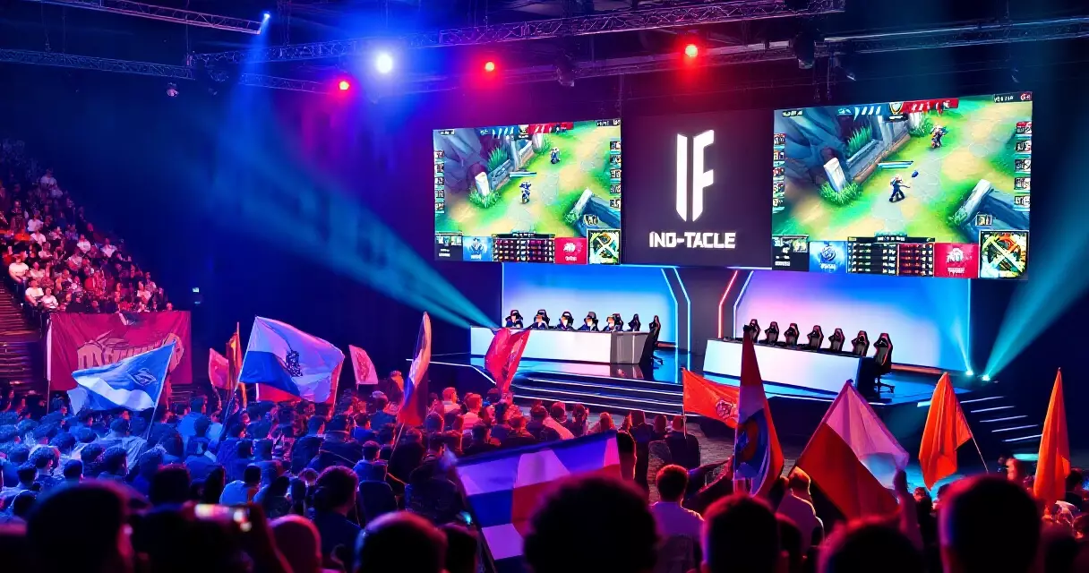Isang puno at masigla na esports arena na may maliwanag na ilaw at malaking screen