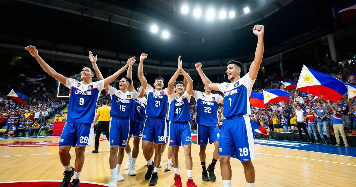 Mga manlalaro ng Gilas Pilipinas nagdiriwang pagkatapos ng isang malaking panalo sa FIBA qualifier