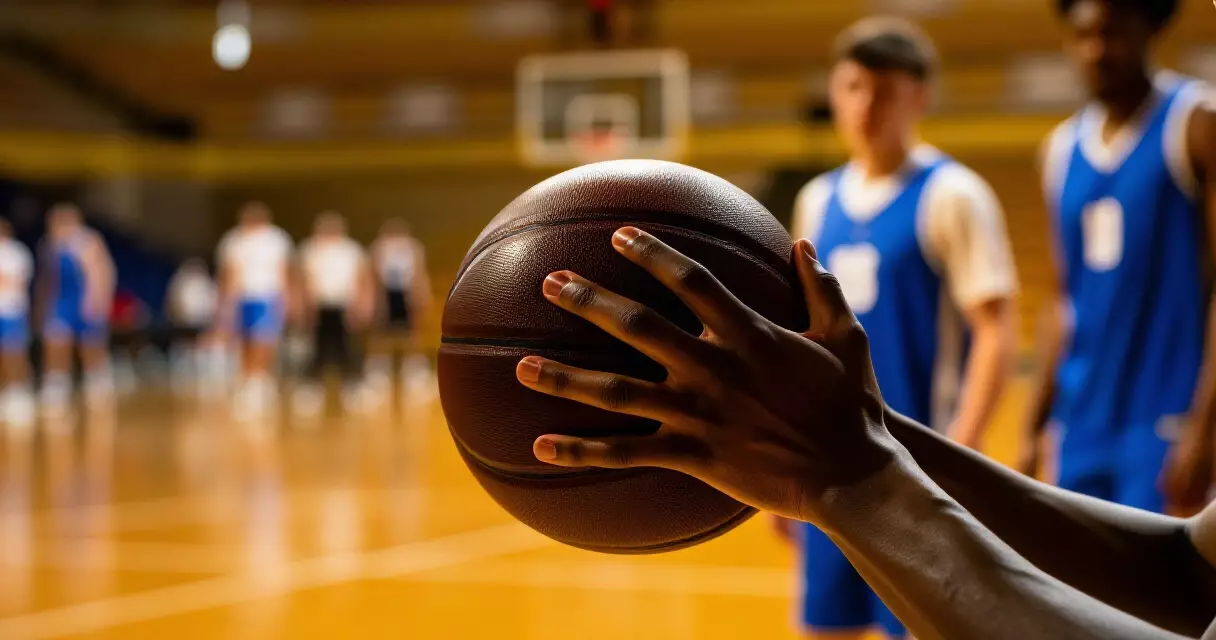 Mga kamay ng basketball player na hawak ang bola sa indoor court
