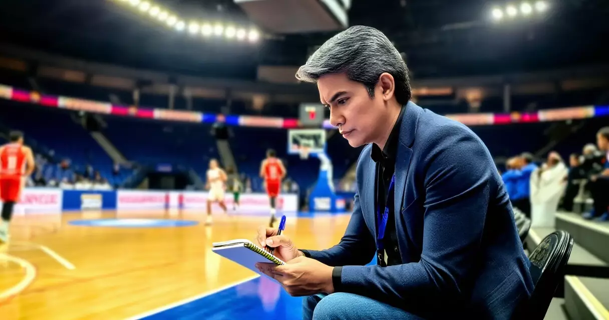 Filipino sports journalist recording stats and statements in a basketball arena