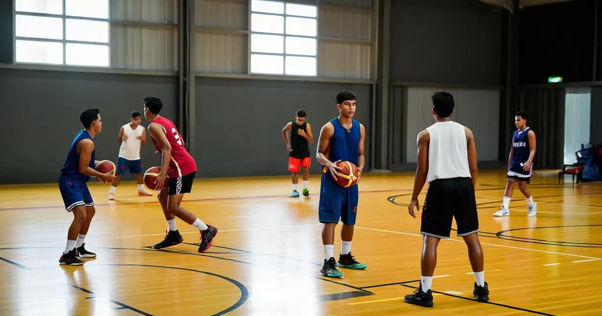 Young Filipino basketball players exercising in a gym