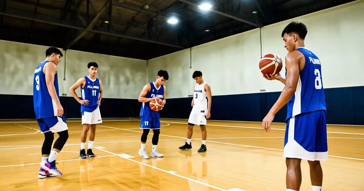 Mga batang Filipino basketball player na naghahanda sa PBA court