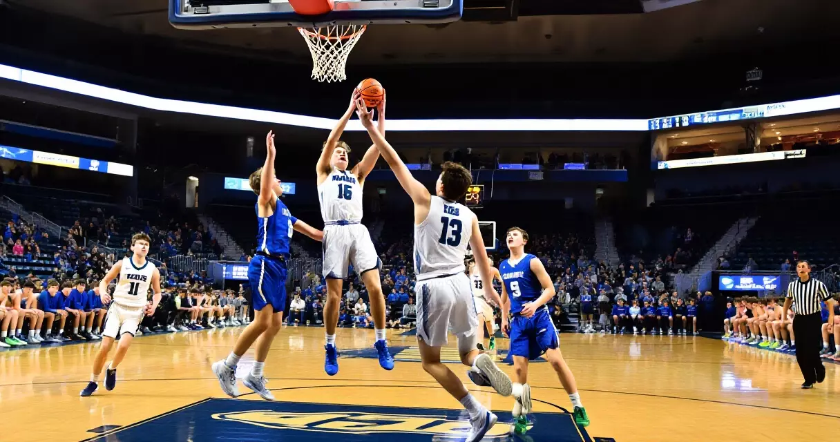 Intense collegiate basketball game inside an arena full of spectators
