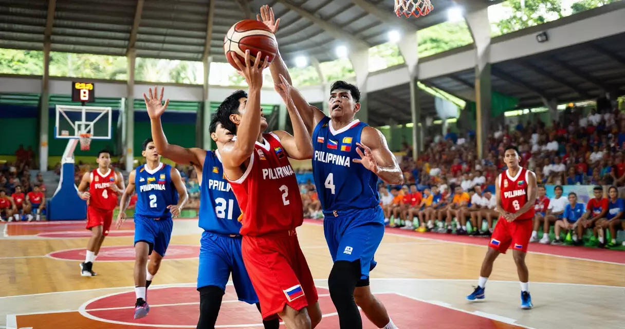 Mga manlalaro ng Gilas Pilipinas sa isang masinsinang basketball match sa isang malaking arena