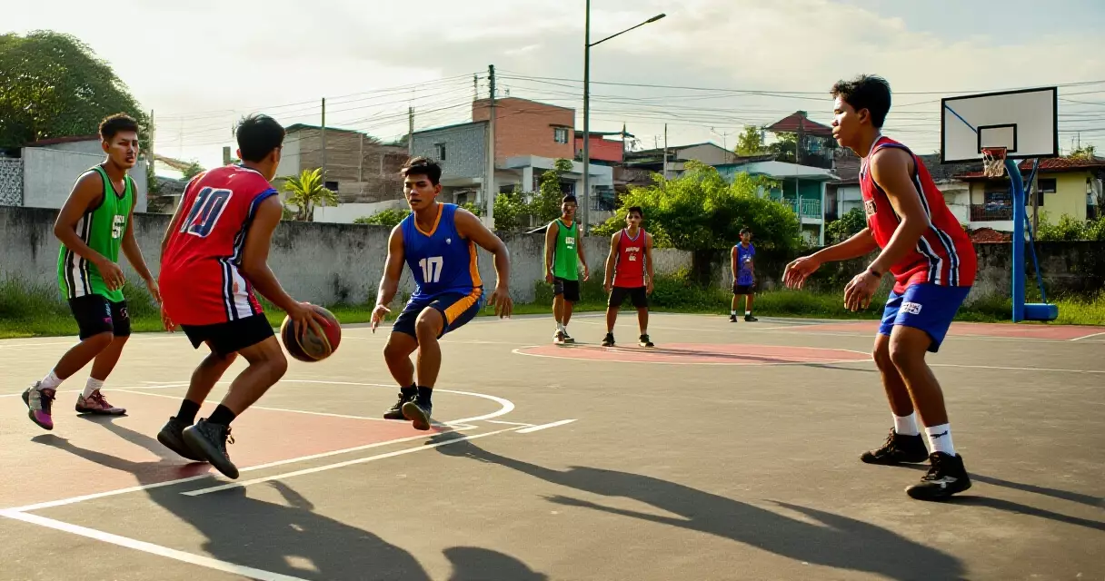 Mga kabataang Pilipino na naglalaro ng basketball sa labas ng gusali