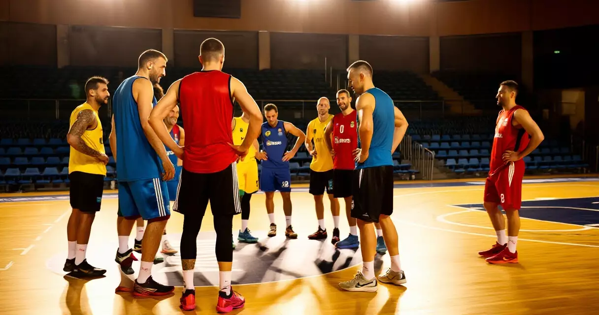 Mga manlalaro ng PBA naka-jersey sa loob ng basketball court na may maliwanag na ilaw
