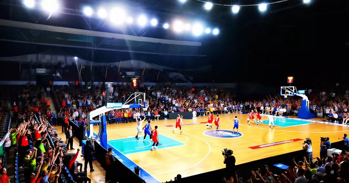Mga manlalaro sa larangan ng basketbol sa loob ng isang punong arena sa gabi