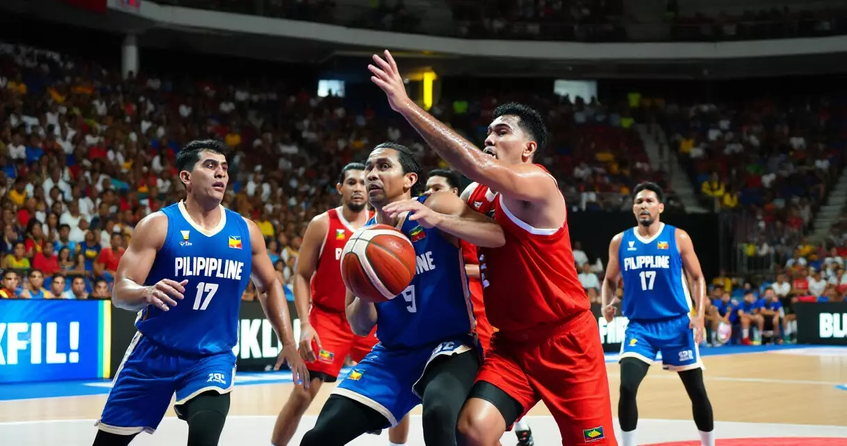 Mga manlalaro ng Gilas Pilipinas na nakikipagkumpetensya sa isang indoor basketball arena