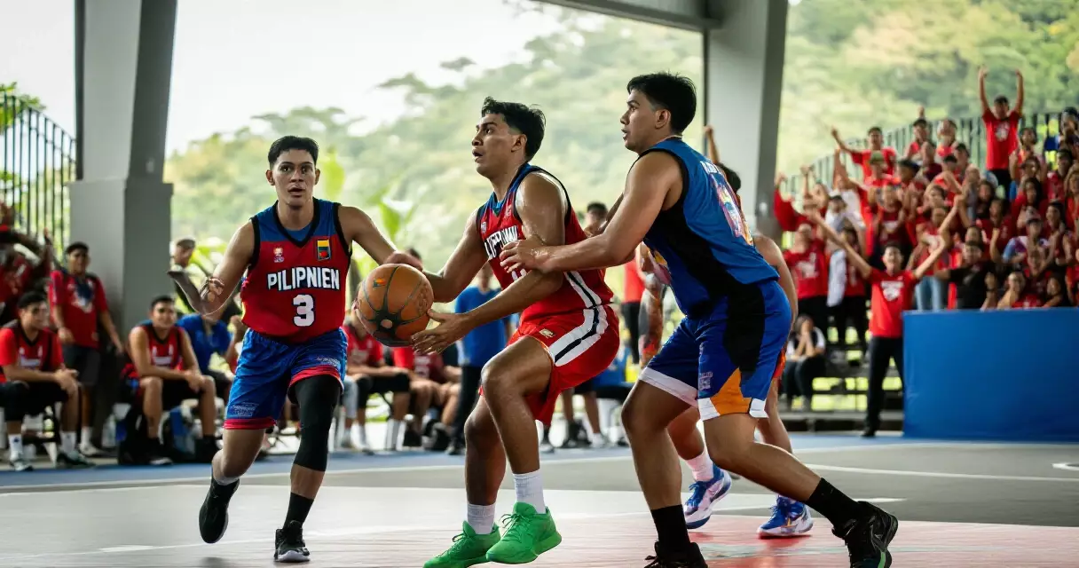 Mga Pilipinong atleta naglalaro ng basketbol sa loob ng arena