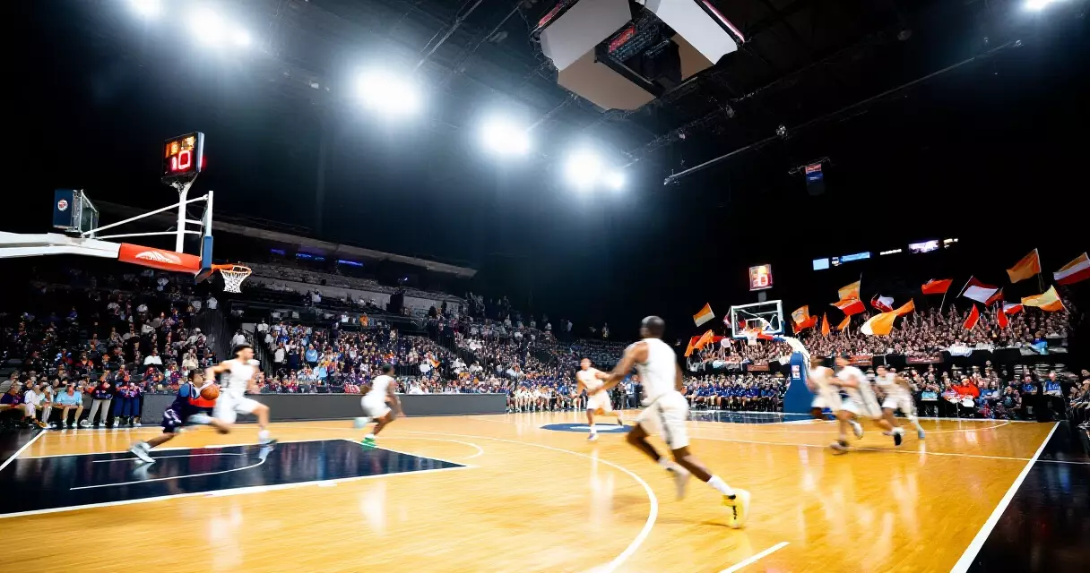 Larawan ng punong-punong basketball arena sa gabi na may mga manlalaro sa court