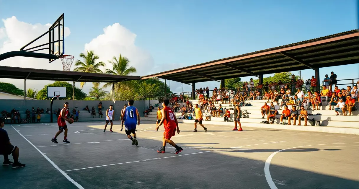Lokal na basketball game sa sports complex ng Cebu na may mga manonood