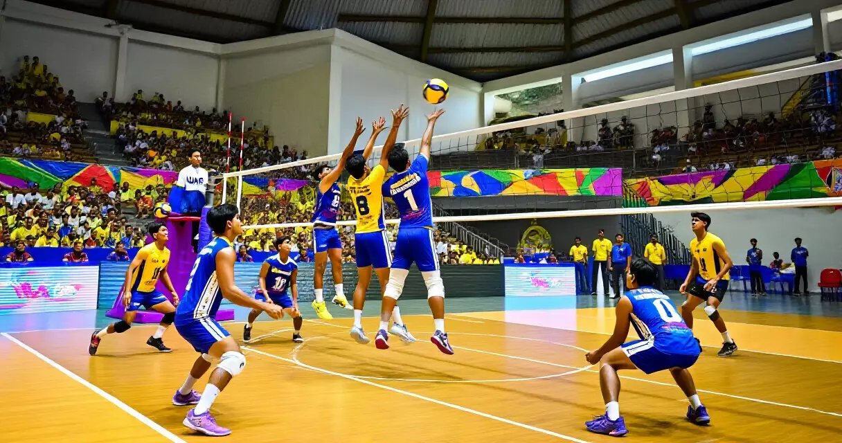 UAAP men's volleyball players competing inside a large arena
