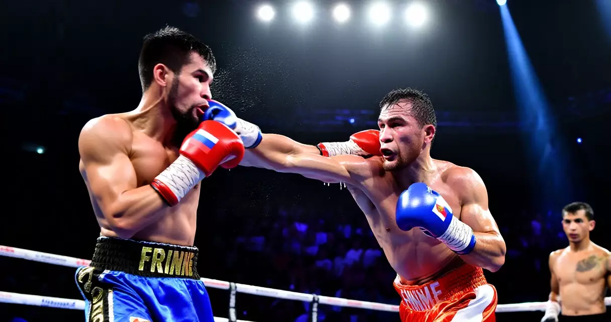 Filipino boxer delivering a powerful punch in a world championship boxing match