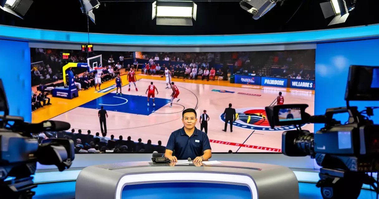 Filipino sports broadcaster sa studio naghahatid ng sports news sa Pilipinas