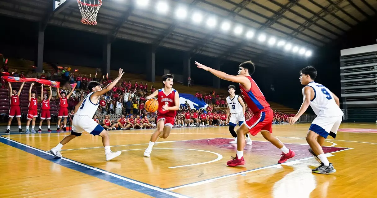 Student athletes playing basketball in a collegiate tournament in the Philippines