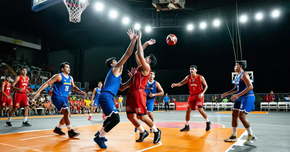 Mga Pilipinong manlalaro ng basketball sa loob ng malaking arena, kasalukuyang nilalaro ang laro