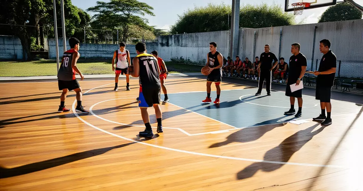 Mga Pilipinong atleta nagsasanay sa basketball court na may coach sa gilid